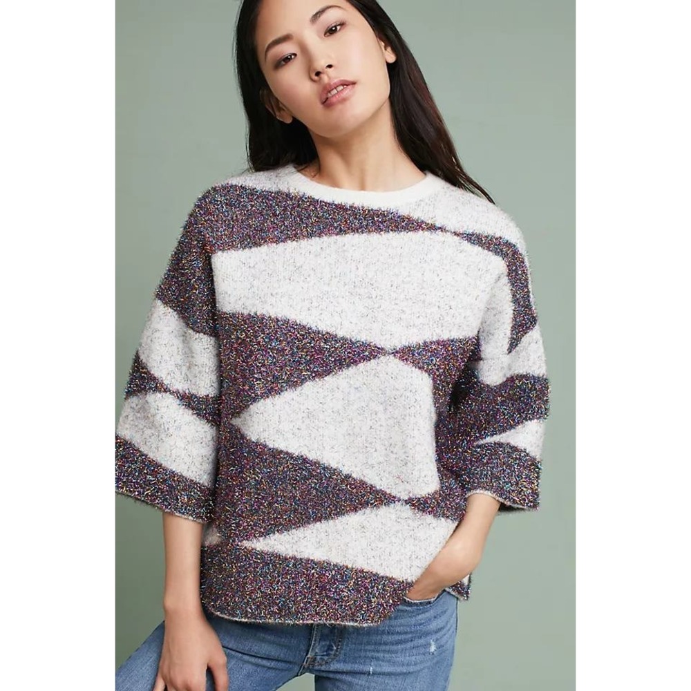 Moth Anthropologie Womens Medium Metallic Eyelash Knit Geometric Boxy Sweater